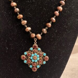 Liz Pacacios SF Necklace with pendant and real brown pearls